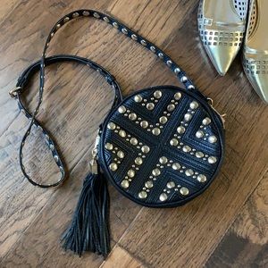 Rebecca Minkoff, Bianca round crossbody, in black with light gold hardware